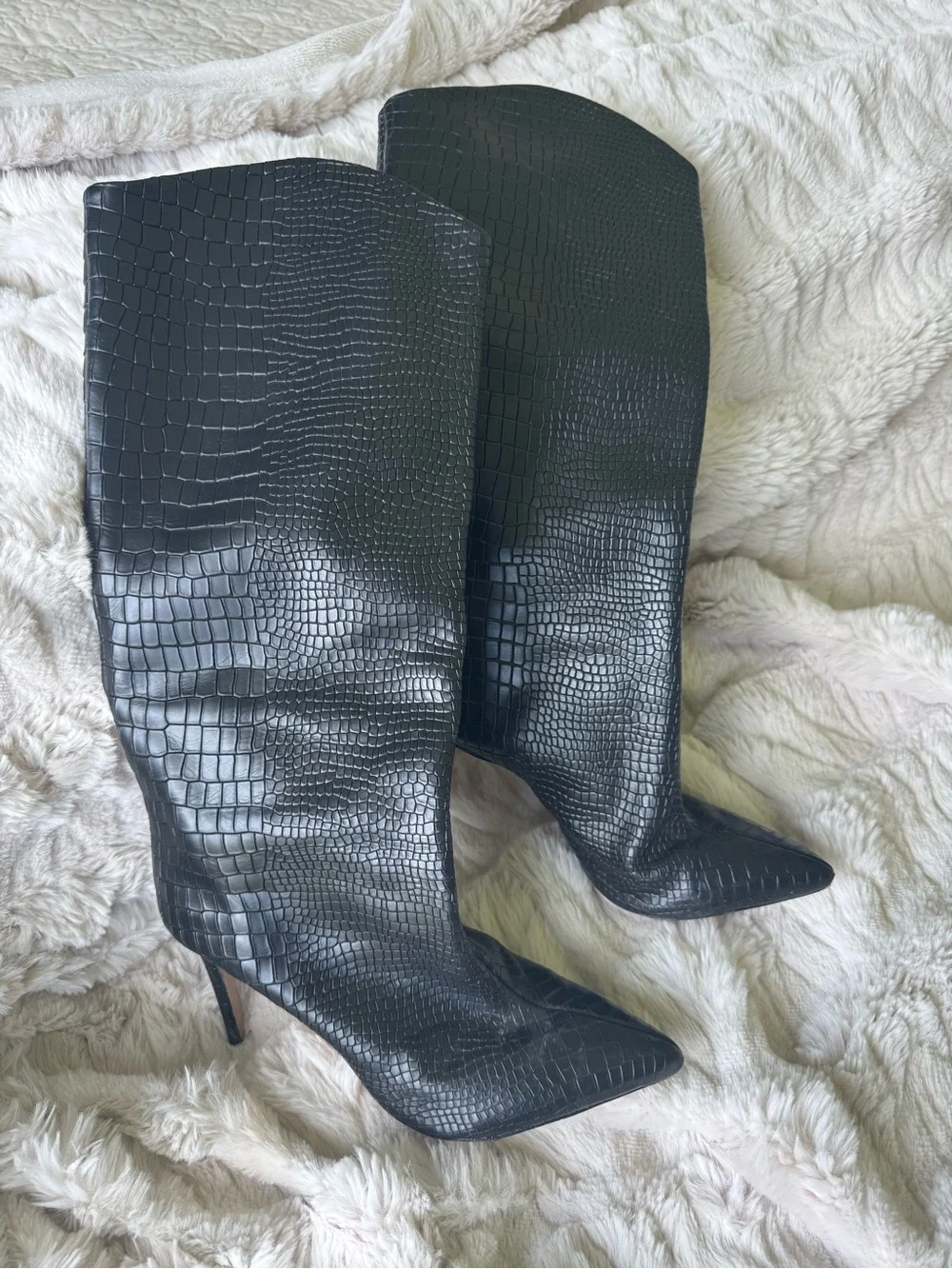 SCHUTZ Black Croc-Embossed Pointed-Toe Over-the-Knee Boots